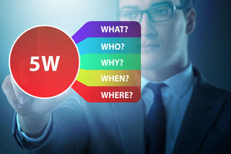 Five whys concept with businessman pressing virtual buttonの写真素材