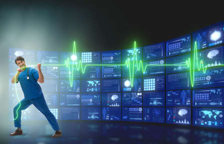 Cardiologist in telemedicine concept with heart beatの写真素材