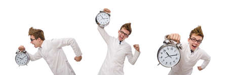 Funny doctor with alarm clock isolated on white