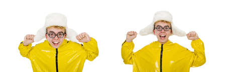 Man in yellow suit wearing winter warm hat