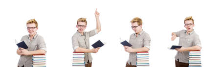 Funny student with stack of booksの写真素材