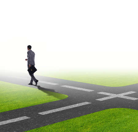 Young businessman at crossroads in uncertainty concept