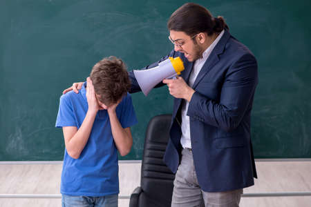 Young male teacher and schoolboy in the classroomの写真素材