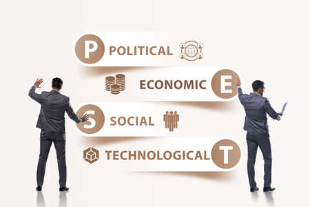 Businessman in PEST analysis business conceptの写真素材