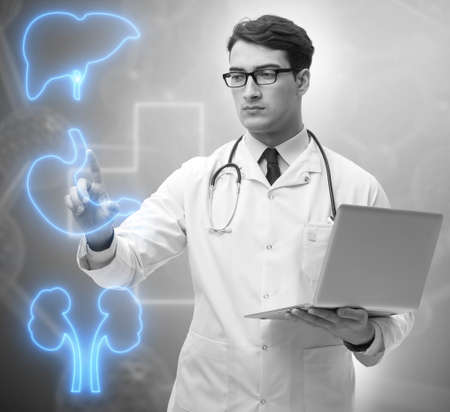 Telemedicine concept with doctor pressing virtual buttons