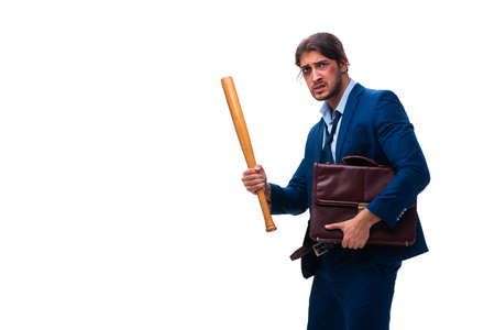 Young male employee holding baseball bat isolated on white