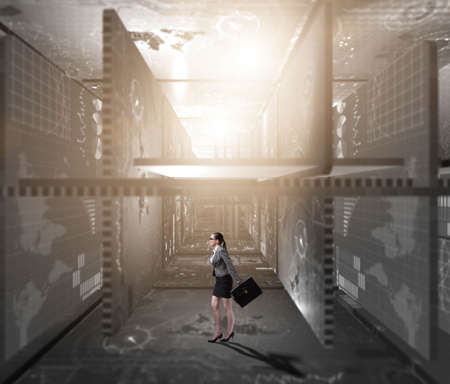 Businesswoman walking in data management concept