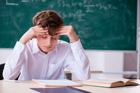 Schoolboy preparing for exams in the classroomの写真素材