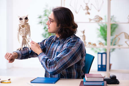 Young male teacher paleontologist in the classroom