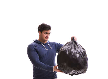 The man with garbage sack isolated on white