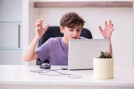 Schoolboy playing computer games at homeの写真素材