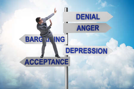 Concept of five stages of grief with businessman
