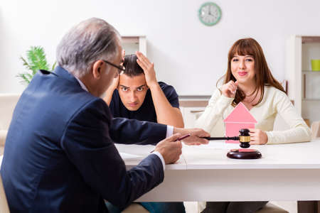 Lawyer talking to divorcing couple at homeの写真素材