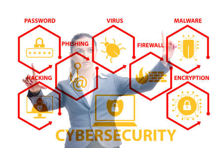 Cybersecurity concept with businesswoman pressing button