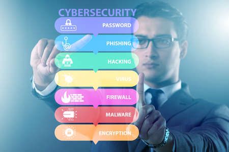 Cybersecurity concept with businessman pressing button