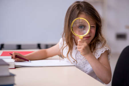 Small girl preparing for exams at homeの写真素材