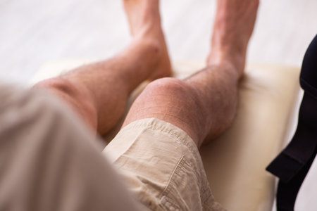 Experienced doctor traumatologist examining young male patient