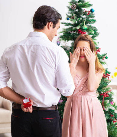 Man making marriage proposal at christmas dayの写真素材