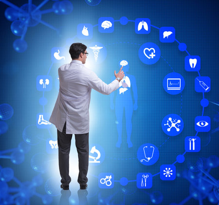 Telemedicine concept with doctor pressing virtual buttonsの写真素材