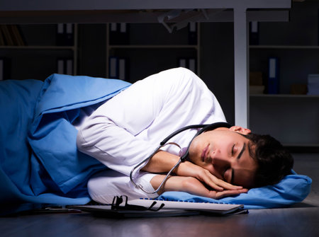 Doctor working night shift in hospital after long hoursの写真素材
