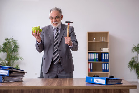 Old male employee holding hammer in budget planning conceptの写真素材