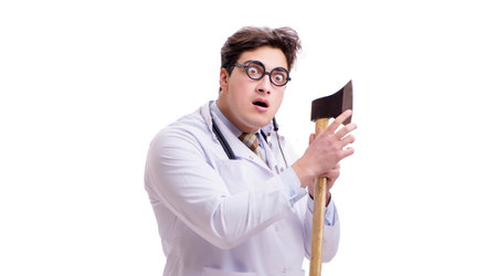 Funny doctor with axe isolated on whiteの写真素材