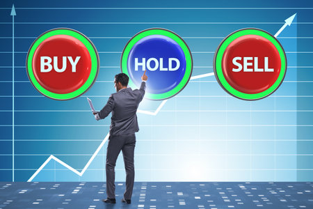 Concept of commercial choices between buying holding and sellingの写真素材