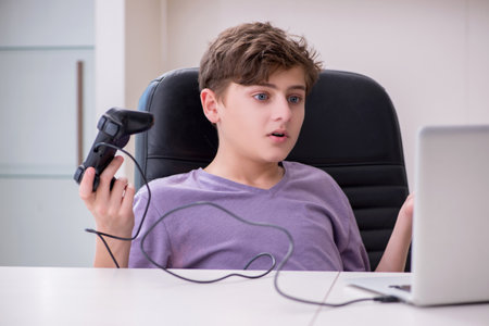 Schoolboy playing computer games at homeの写真素材