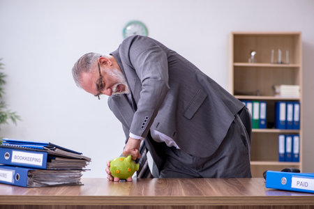 Old male aggressive bookkeeper in budget planning conceptの写真素材