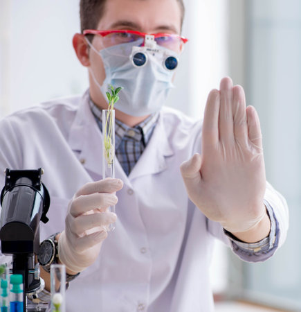 Male biochemist working in the lab on plantsの写真素材