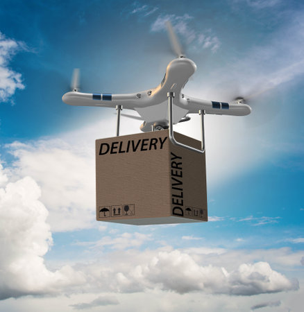Drone delivery concept with box in airの写真素材