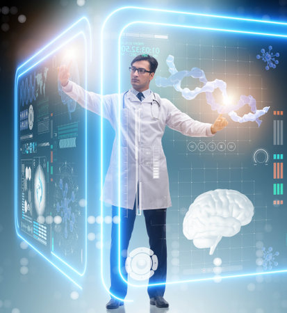 Doctor in futuristic medical concept pressing buttonの写真素材