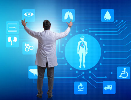 Telemedicine concept with doctor pressing virtual buttonsの写真素材