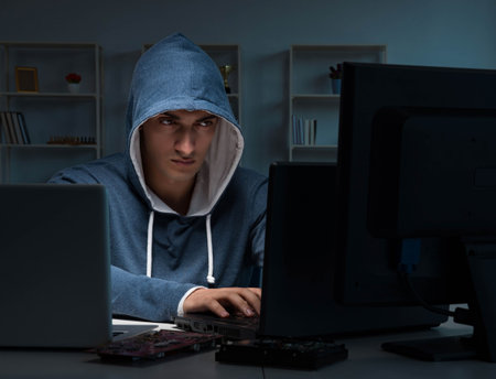 Hacker hacking computer at nightの写真素材