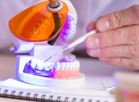Dentist working teeth implant in medical labの写真素材