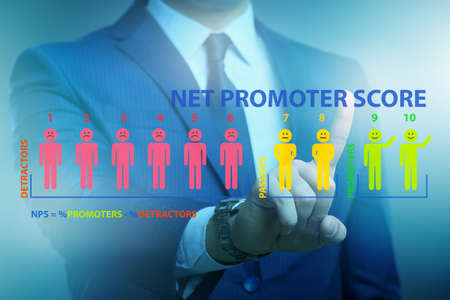 Net Promoter Score NPS concept with businessman pressing virtualの写真素材