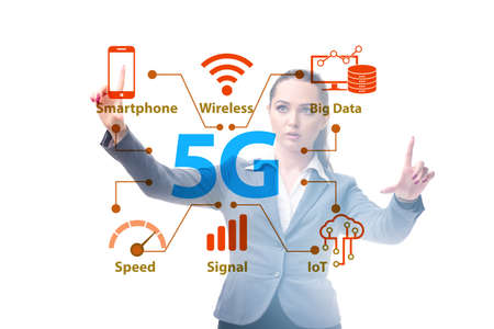 Businesswoman pressing button in 5g concept