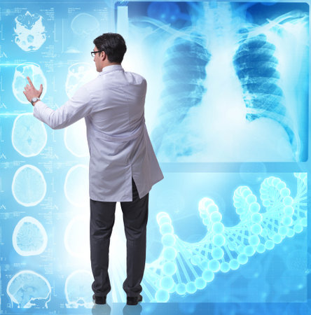 Telemedicine concept with doctor pressing virtual buttons