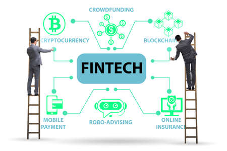 Financial technology concept with businessman pressing buttonの写真素材