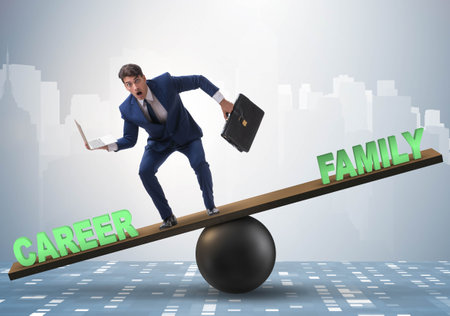 Businessman balancing between career and family in business concの写真素材