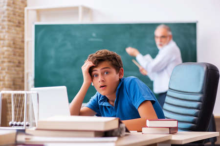 Old male teacher and schoolboy in the classroomの写真素材