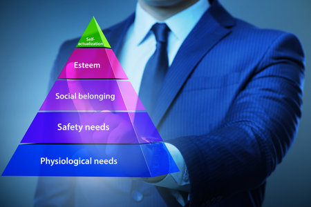Businessman pressing to Maslow hierarchy of needsの写真素材