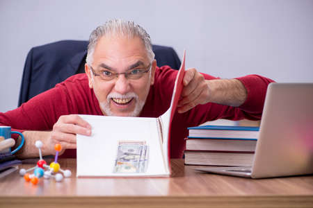 Old teacher physicist in remuneration concept