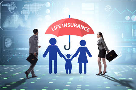 Life insurance concept with family under umbrellaの写真素材
