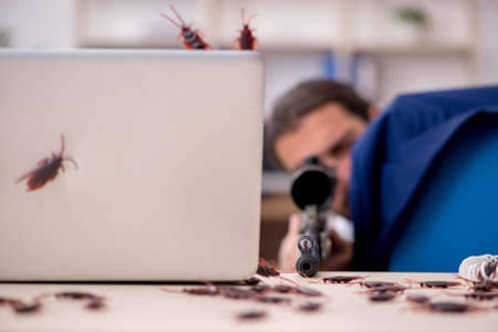 Young male employee and too many cockroaches in the officeの写真素材