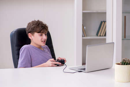 Schoolboy playing computer games at home