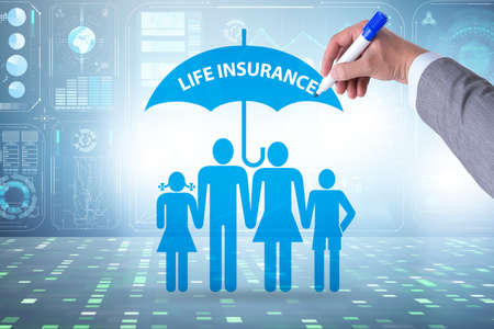 Life insurance concept with family under umbrellaの写真素材