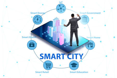 Businessman in smart city modern conceptの写真素材