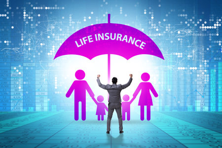 Life insurance concept with family under umbrellaの写真素材