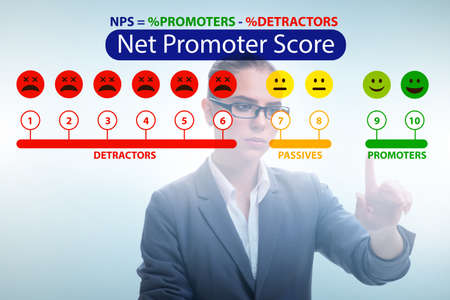 Net Promoter Score NPS concept with businesswoman pressing virtu